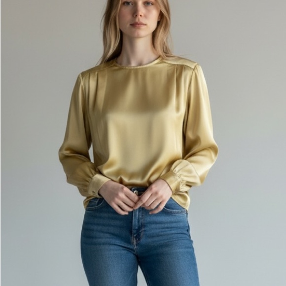 Vintage‎ Jaeger Gold Silk Blouse Sz Small Designer Quiet Luxury Western Rodeo